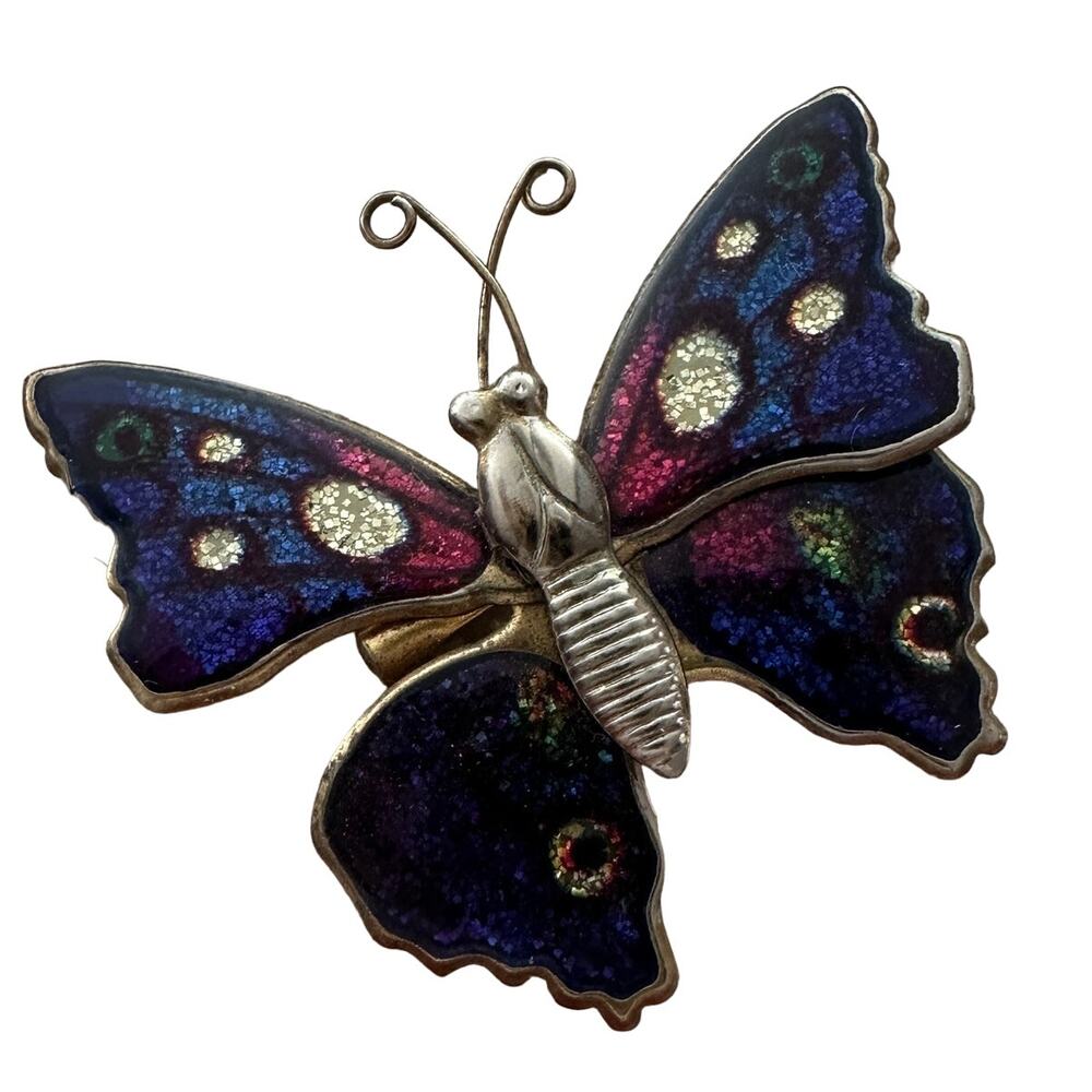 Vintage rainbow glitter butterfly pin, butterfly brooch, purple butterfly pin